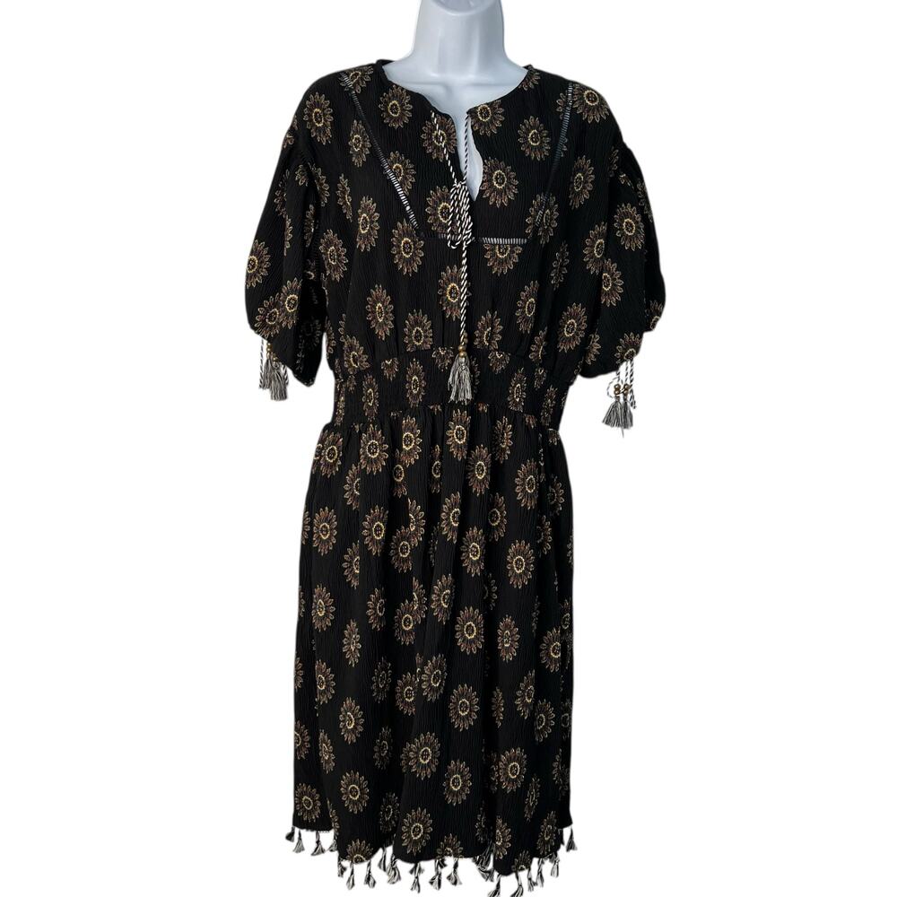 POL Boho Peasant Black Floral Artisan Midi Dress Cinched Waist Tassels Indie M